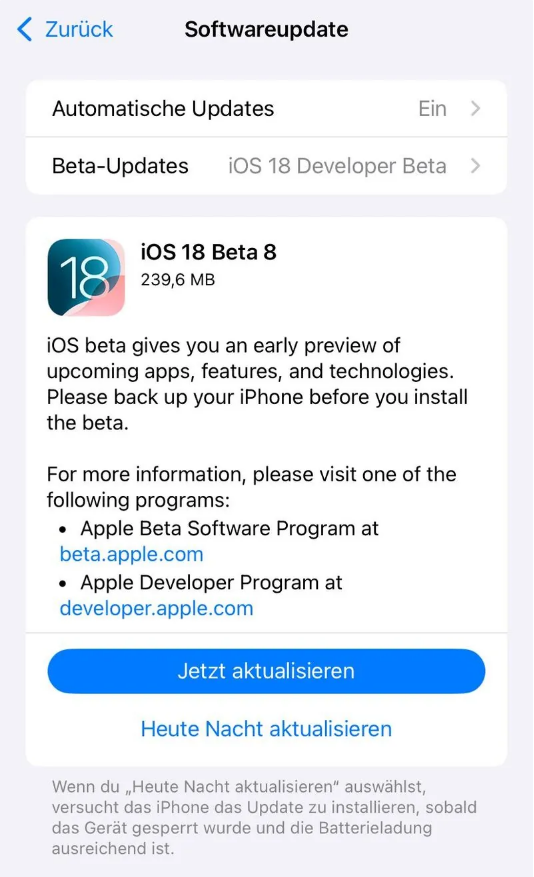 扬中苹果手机维修分享苹果 iOS / iPadOS 18 开发者预览版 Beta 8 发布 